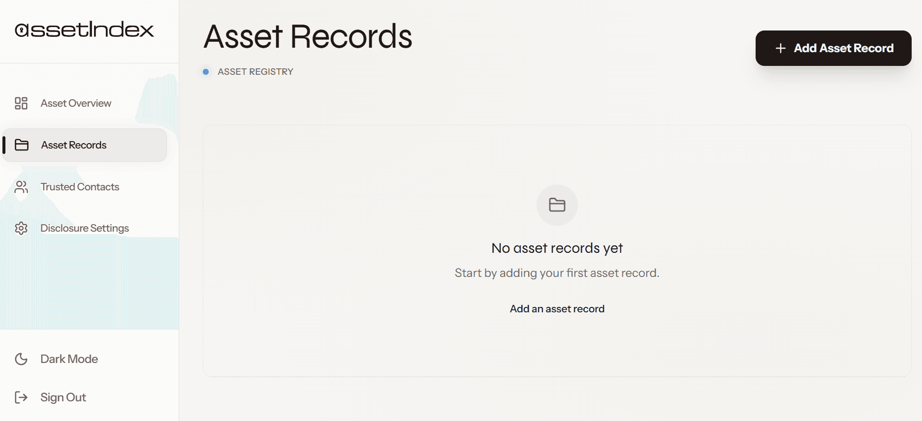 AssetIndex Asset Overview showing system standby status