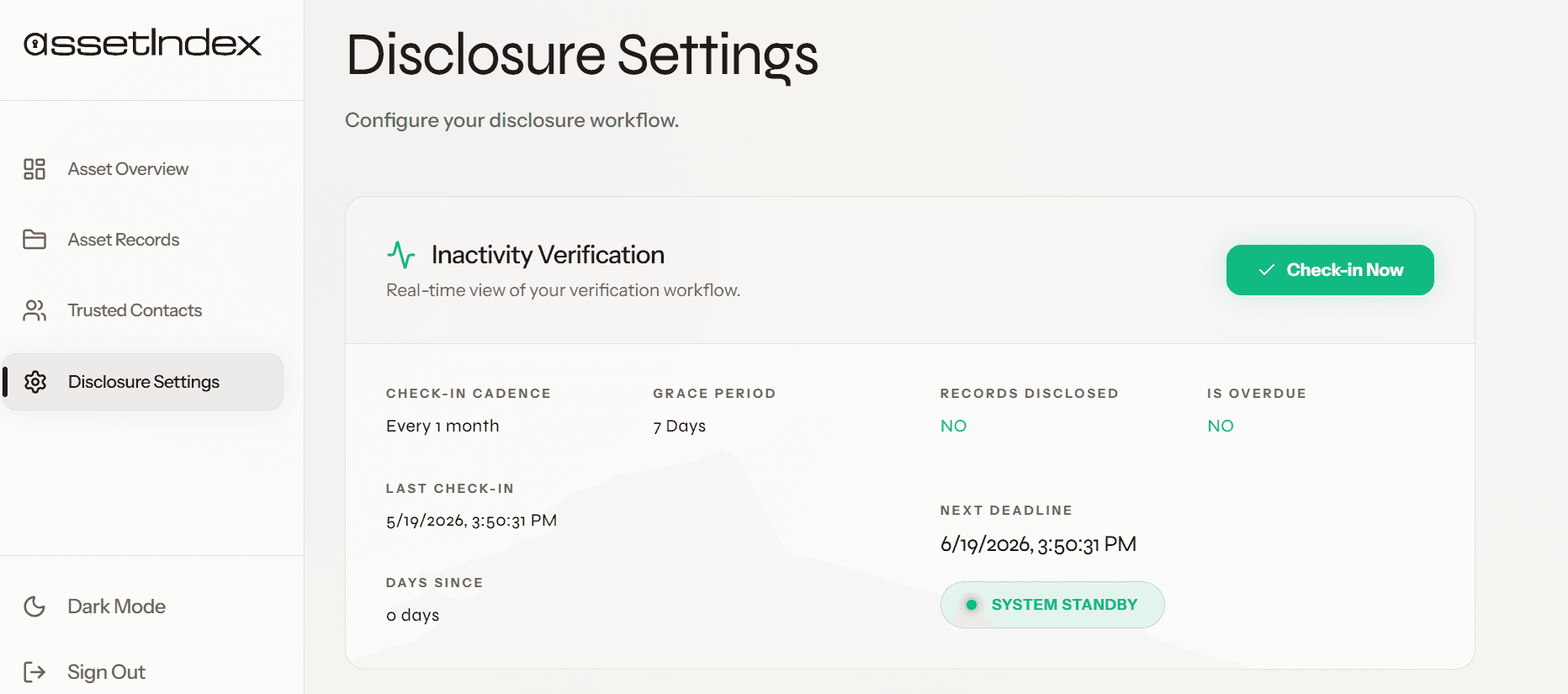 AssetIndex Disclosure Settings showing inactivity verification controls